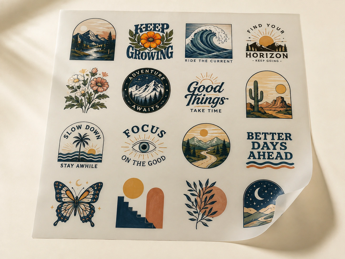 A gang sheet printed with sixteen assorted full-colour designs, one corner lifted to show the film