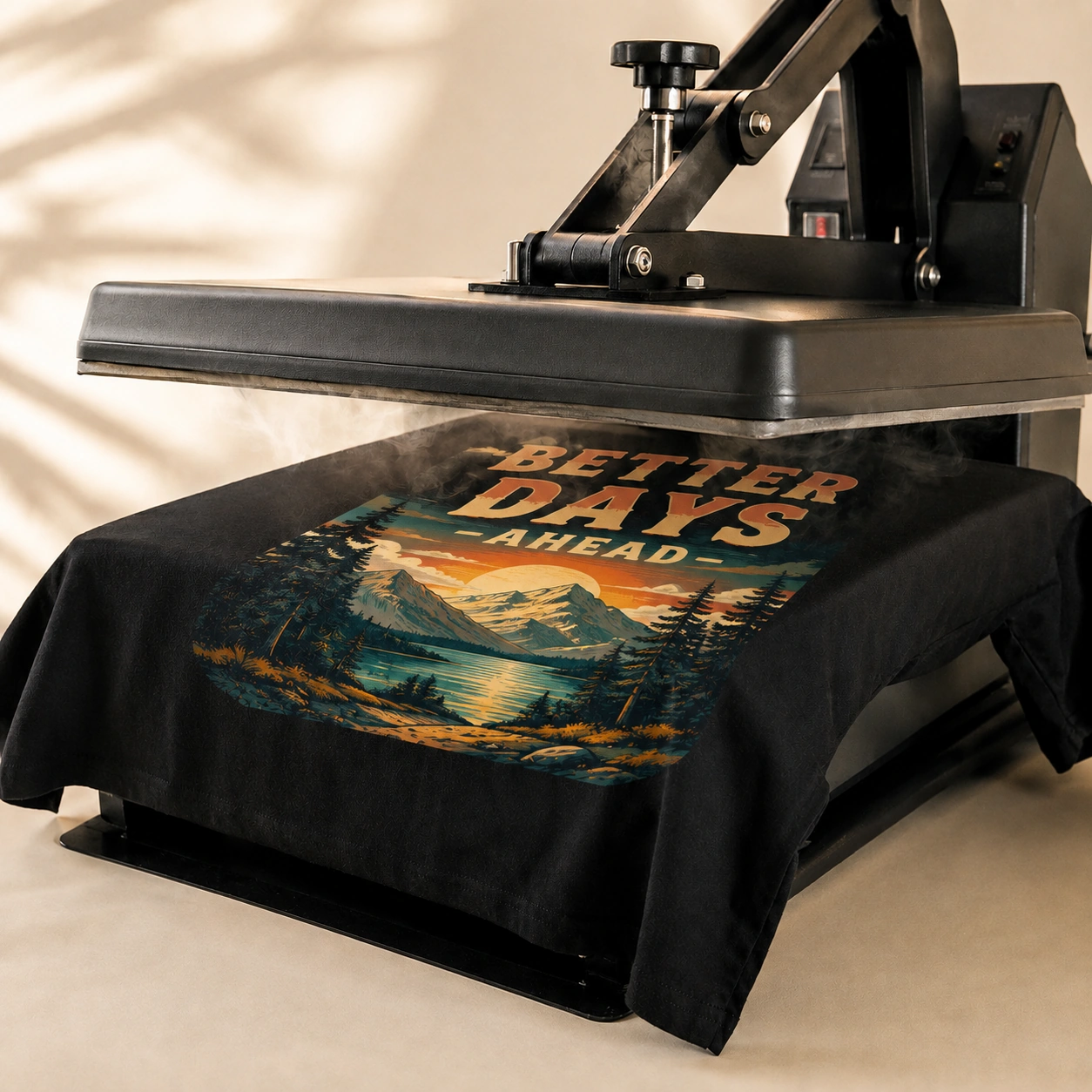 A heat press closing onto a transfer positioned on a black t-shirt