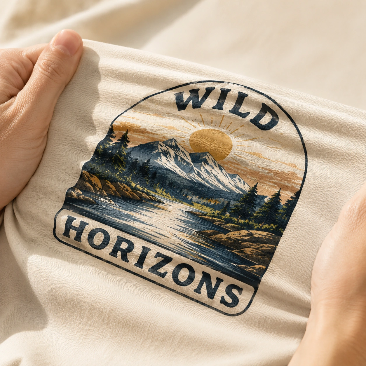 A printed design flexing with the fabric as a cream t-shirt is stretched by hand