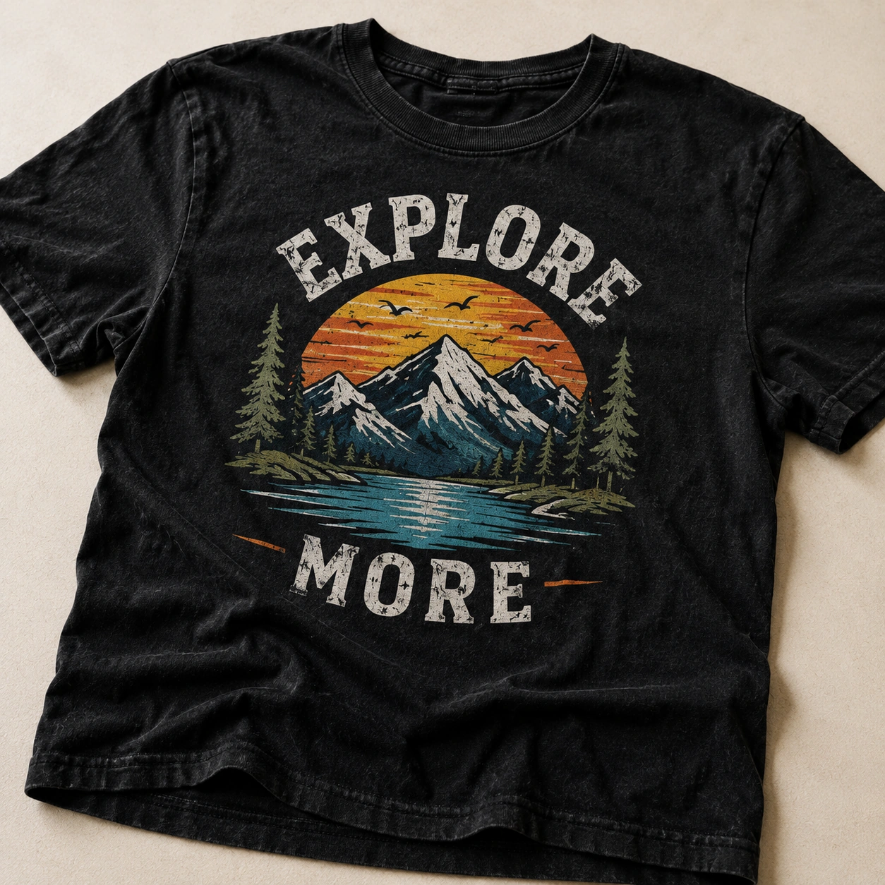 A washed black t-shirt with a full-colour mountain graphic across the chest